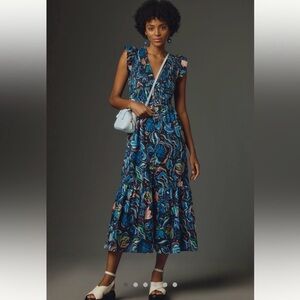 Anthropologie Peregrine Navy Blue Multi-Print Ruffle Sleeve Maxi Dress XL